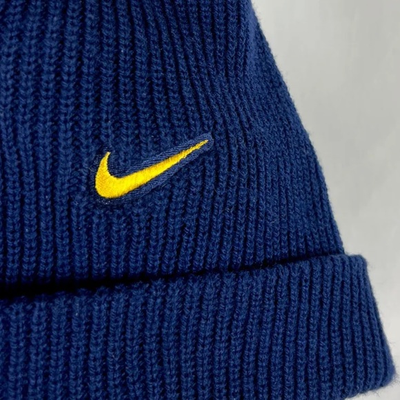 Vintage 90s Nike Mini Swoosh Ribbed Knit Cuff Beanie Navy/Yellow U Michigan OSFA - Picture 2 of 4